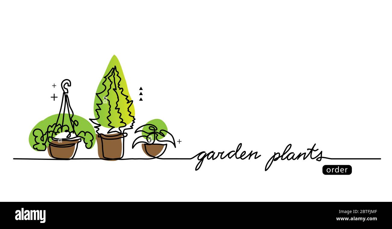Garden plants in the pots vector sketch, web banner, illustration, background. One continuous line drawing banner with green garden plants Stock Vector