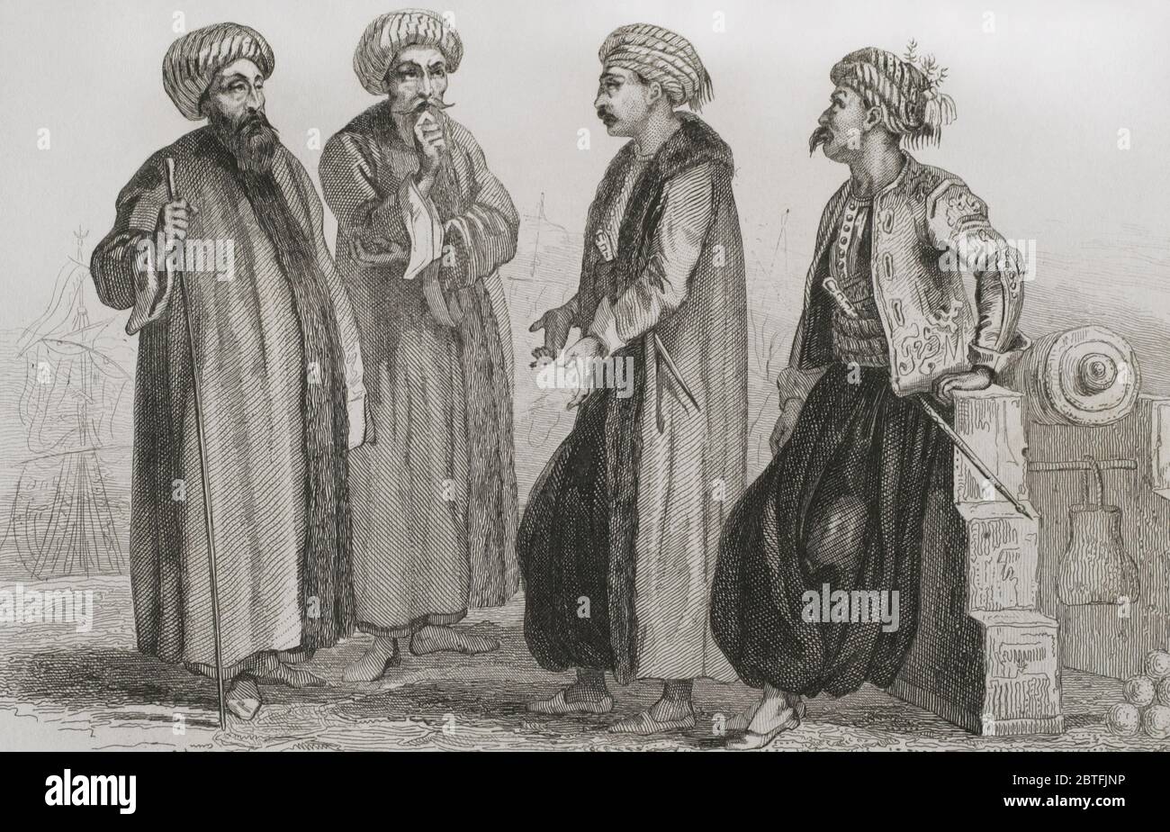 Ottoman Empire. Turkey. From left to right: Vice Admiral, Captain, Navy Officer and Sailor (ca. 1780). Engraving by Lemaitre, Lalaisse and Monnin. Historia de Turquia by Joseph Marie Jouannin (1783-1844) and Jules Van Gaver, 1840. Stock Photo