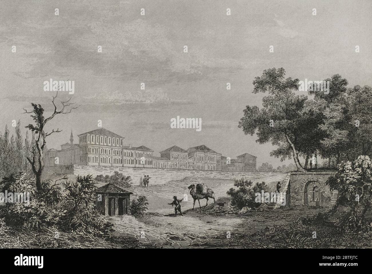Ottoman Empire. Turkey. Beyoglu. Burial ground or Champs des Morts Barracks at Pera. Engraving by Lemaitre and Blanchard. Historia de Turquia by Joseph Marie Jouannin (1783-1844) and Jules Van Gaver, 1840. Stock Photo