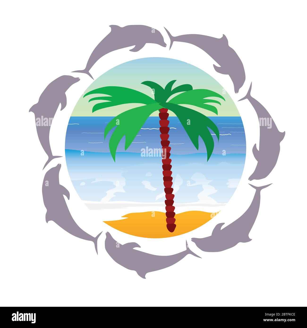 beach paradise with palm and dolphin vector illustration Stock Vector