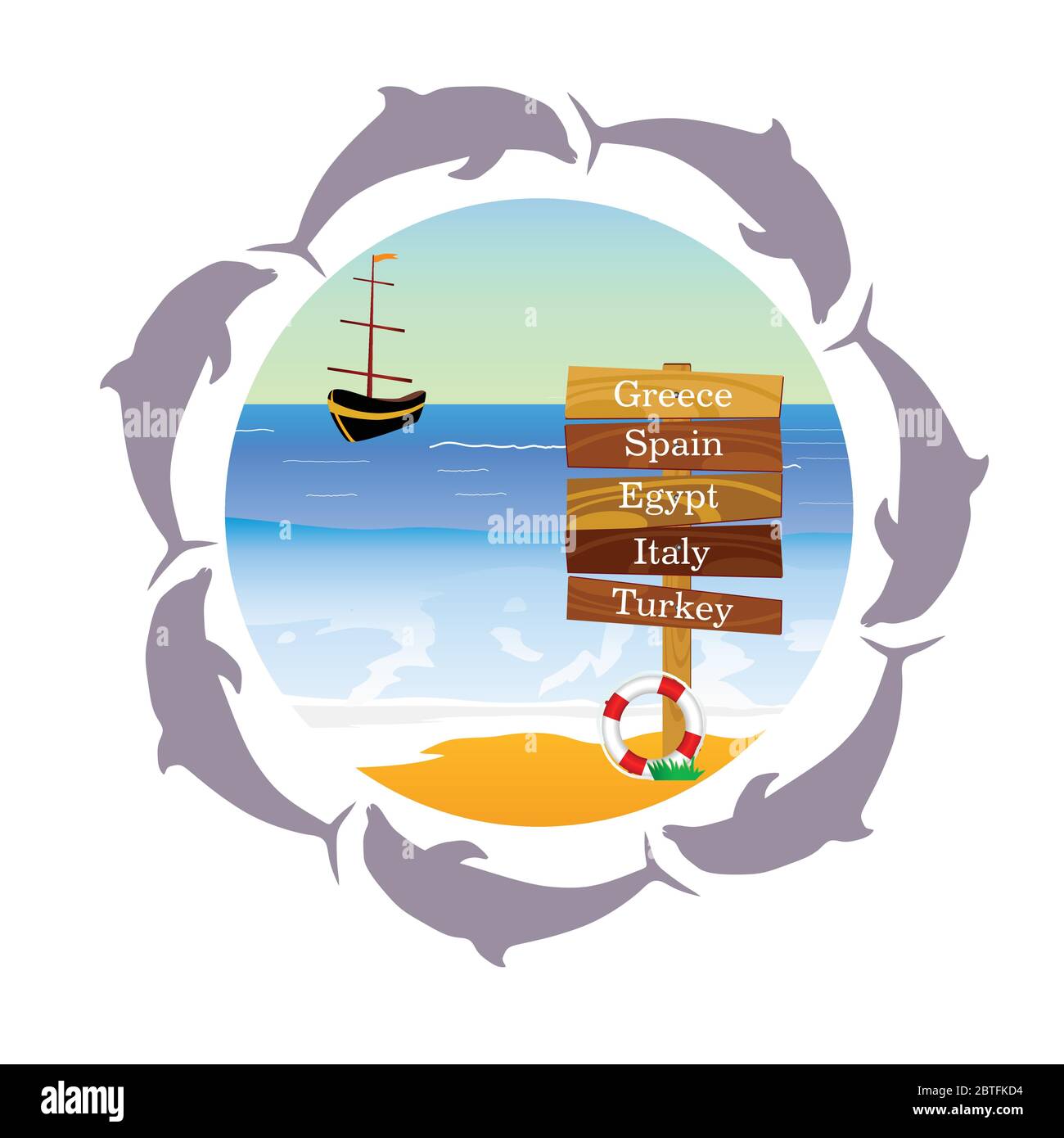 beach paradise with dolphin vector illustration Stock Vector