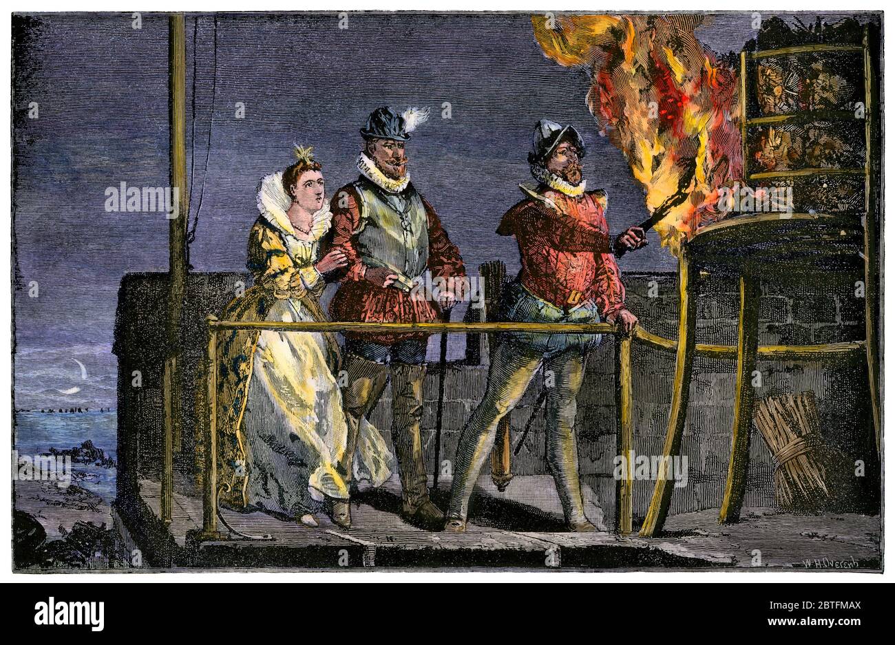 Watchtower guard lighting a beacon to warn England of Spanish Armada's approach, 1588. Hand-colored woodcut Stock Photo