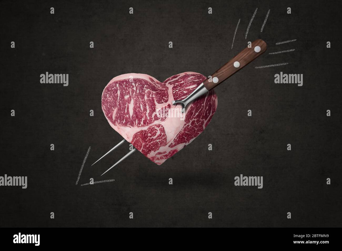 Heart shaped meat with drawn arrow, concept of love for meat and grilling, passion for grilled meat, symbol of love and cupid, illustration Stock Photo