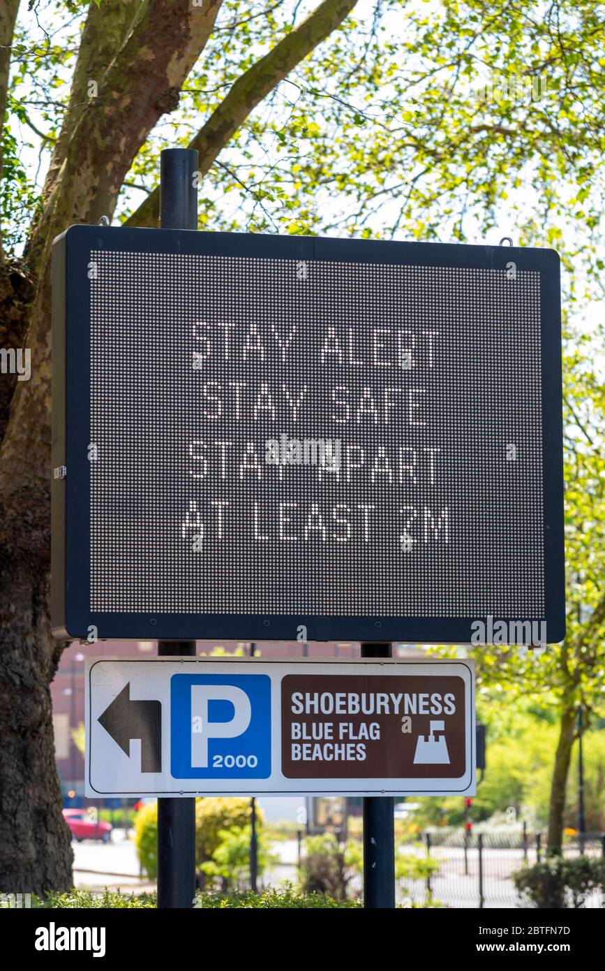 Stay alert matrix sign on May 2020 Bank Holiday Monday in Southend on Sea, Essex, UK, during the COVID-19 Coronavirus pandemic easing of lockdown Stock Photo