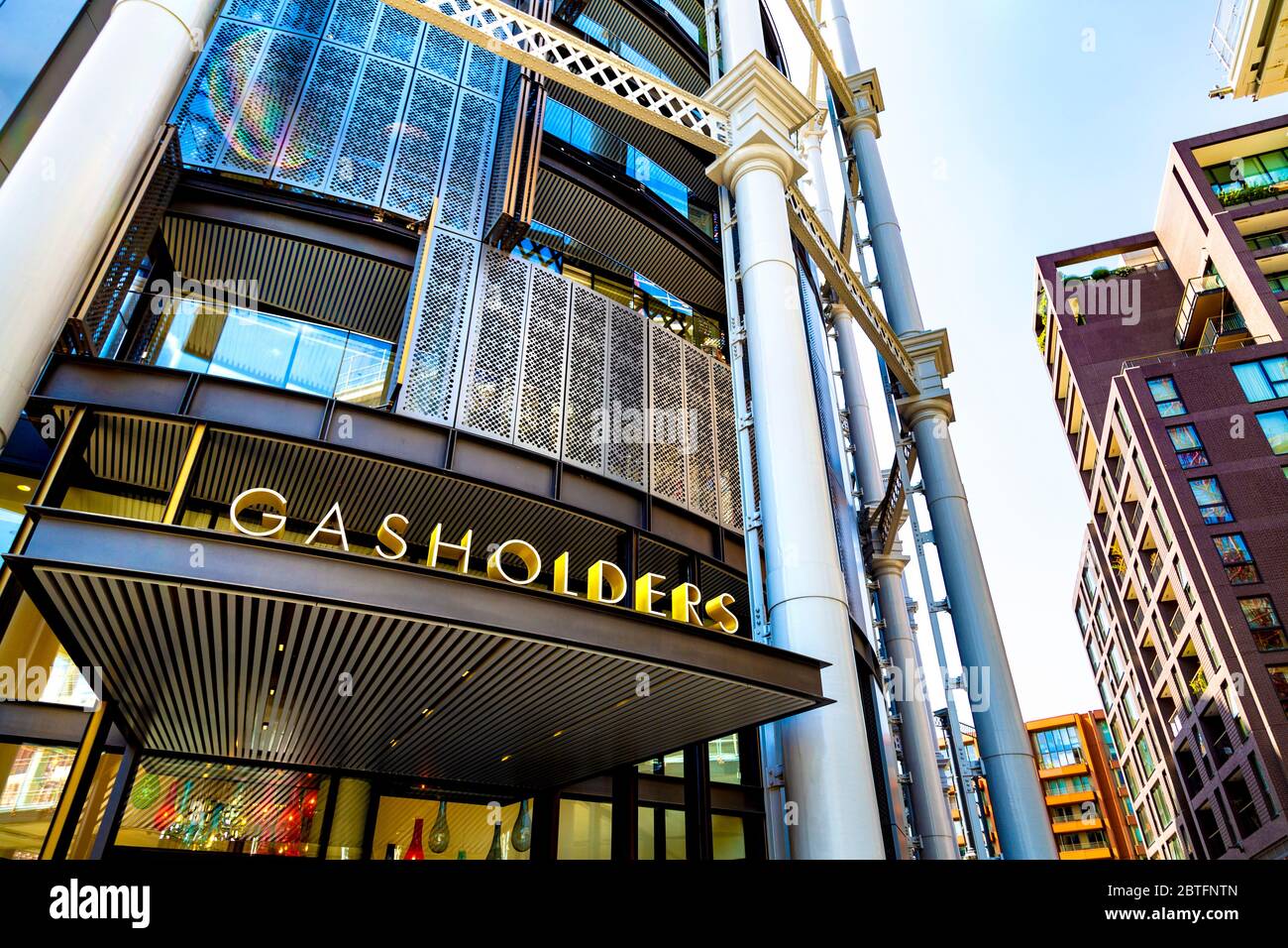 Entrance to the cylinder residential building Gasholders in Kings Cross, London, UK Stock Photo