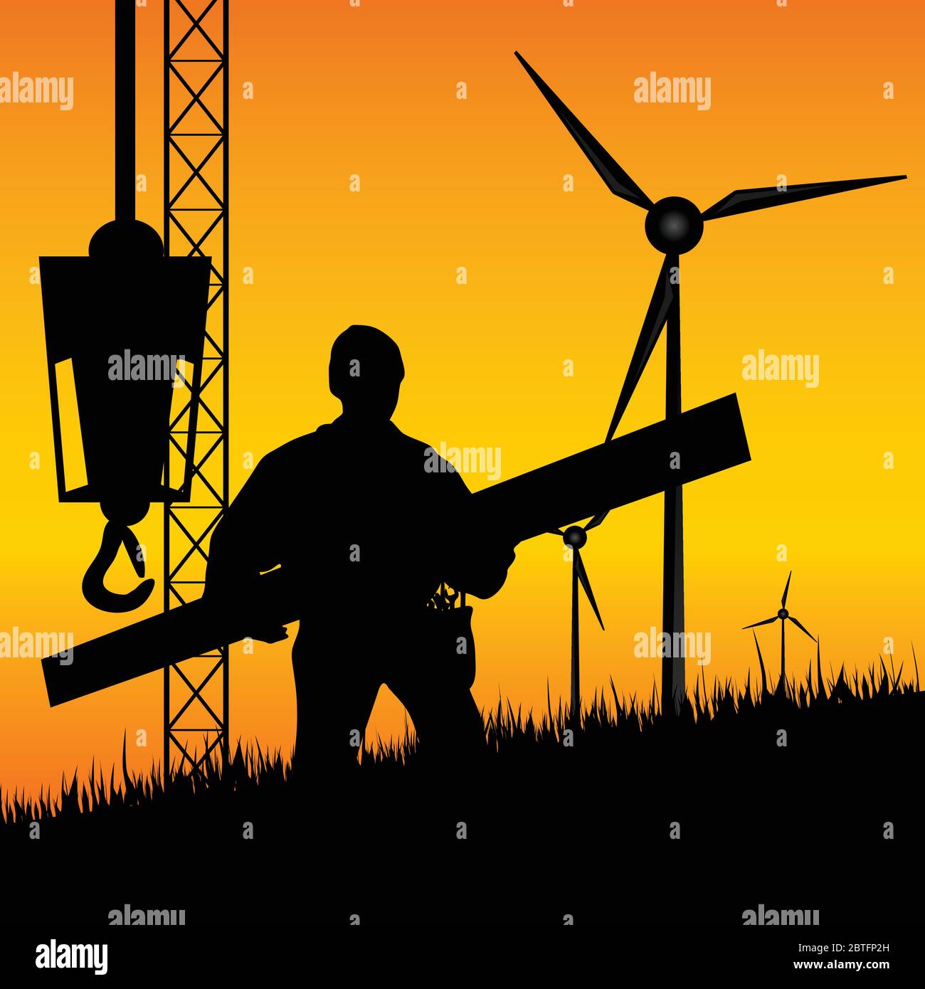 construction worker builds windmills vector illustration on a color background Stock Vector
