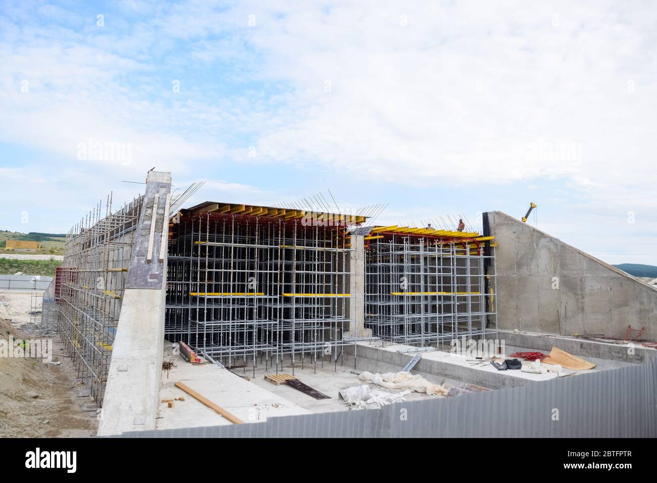 Reinforced concrete construction road junction. a Road construction and bridges. Stock Photo
