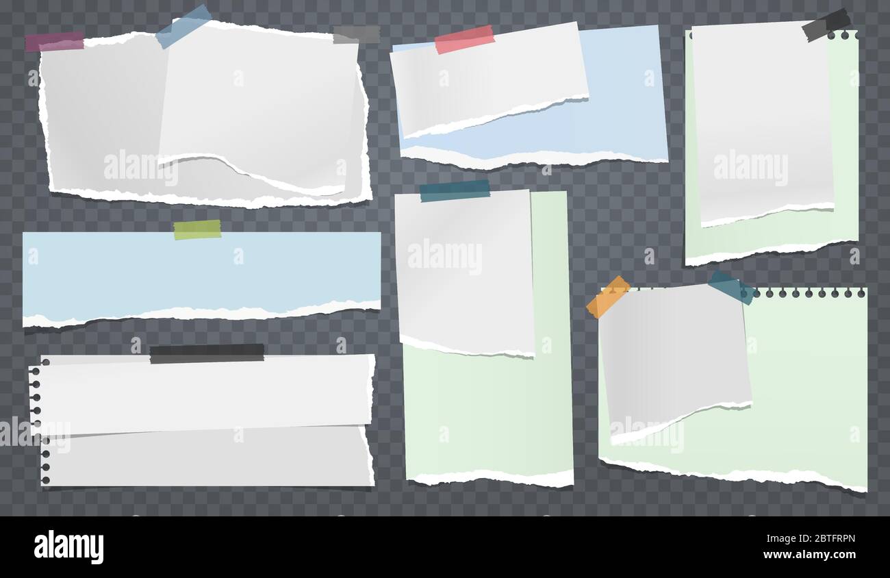 Torn white and colorful note, notebook paper strips and pieces stuck with sticky tape on dark squared background. Vector illustration Stock Vector