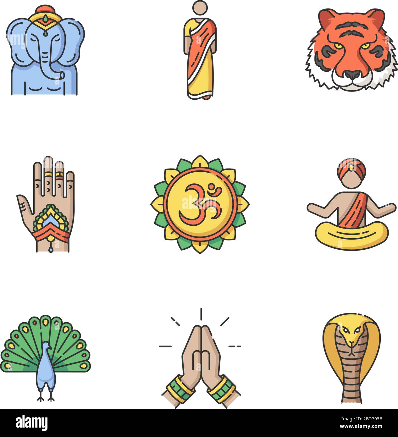 Indian spiritual symbols RGB color icons set Stock Vector