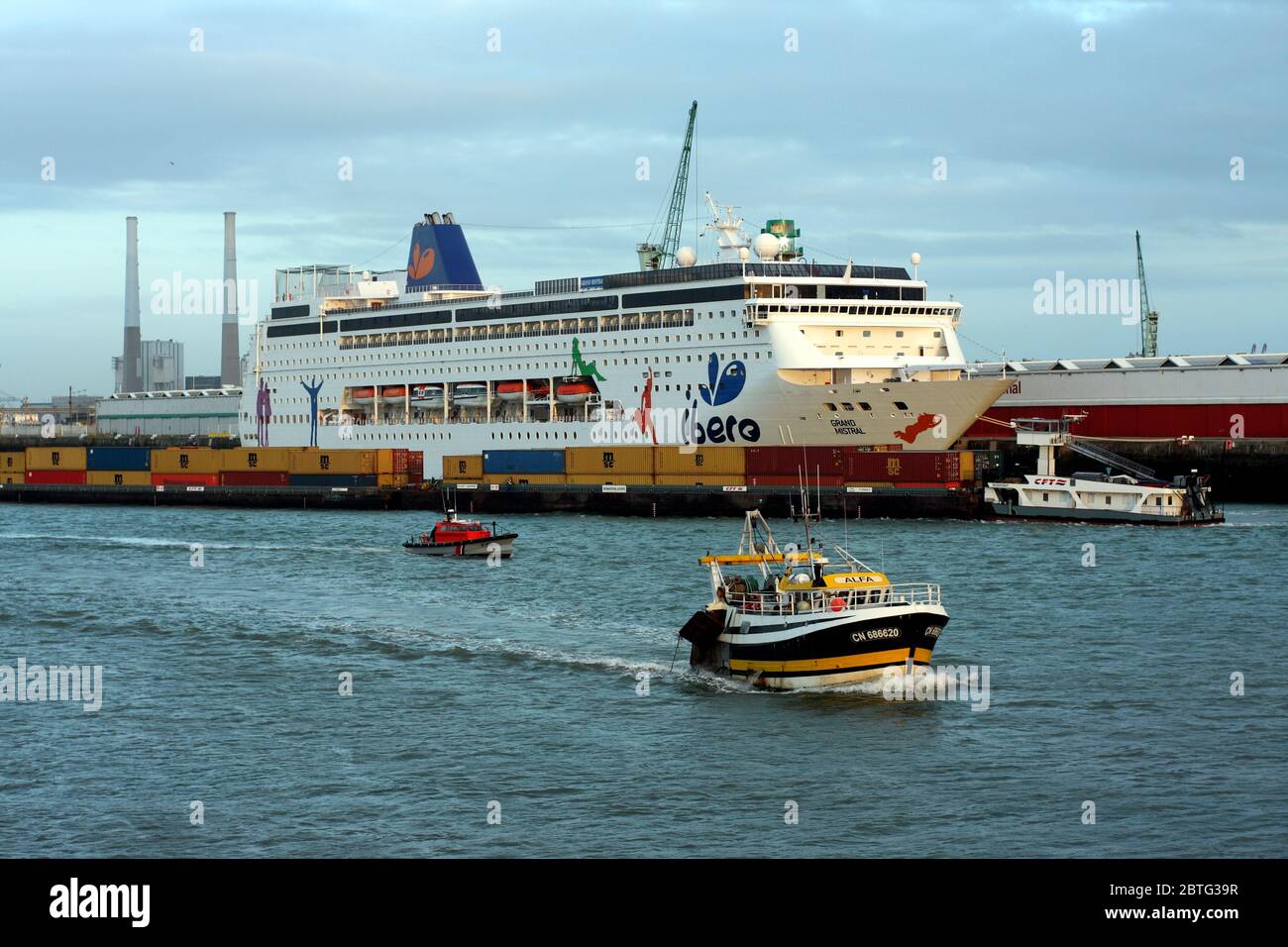 Cruise Ship, Container Barge, Fishing Boat, Le Havre, Normandy, France Stock Photo