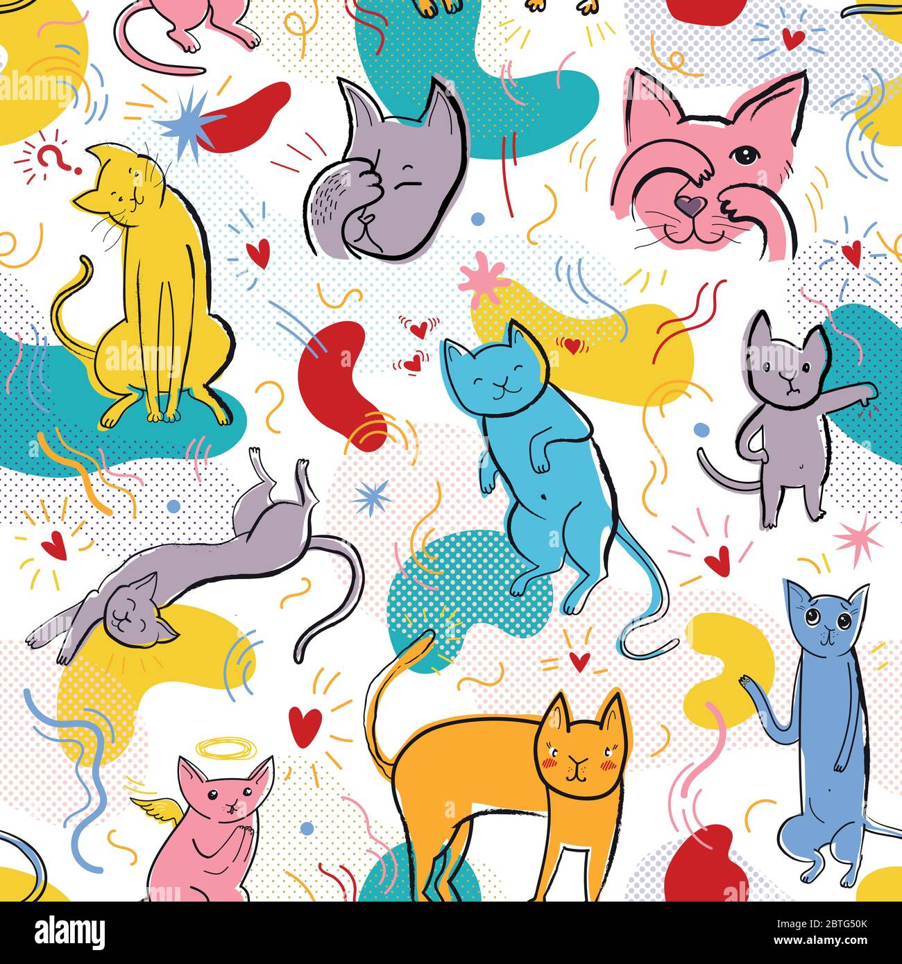 Vector seamless pattern with funny cats in memphis style Stock Vector