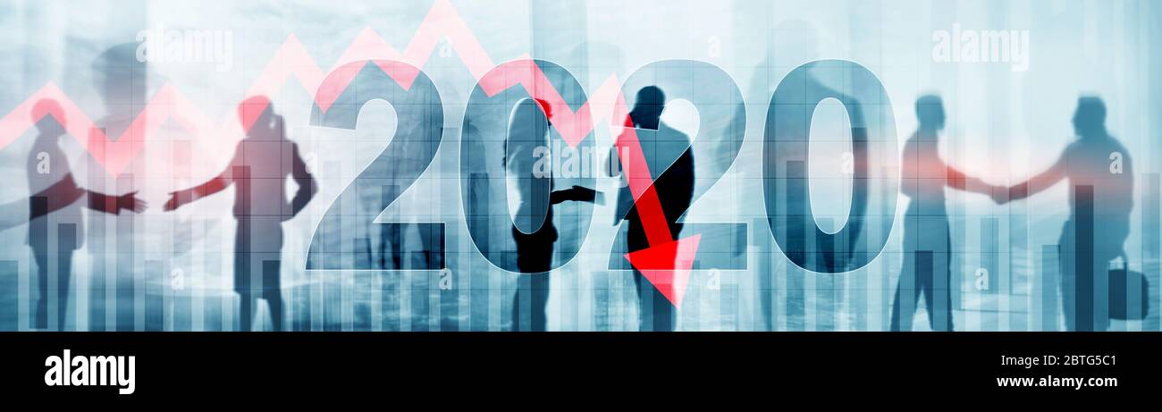The economic crisis of 2020. Banner for your presentation. Red arrows fall down. Stock Photo