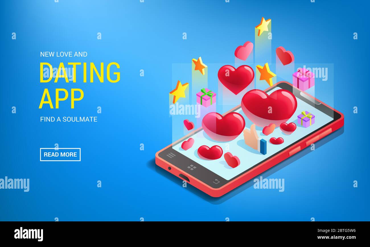 Dating app site landing with abstraction, mobile phone with hearts, online dating, social networks Stock Vector