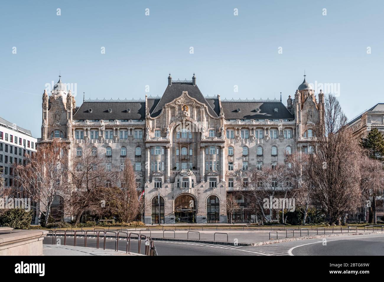 Feb 8, 2020 - Budapest, Hungary: Art Nouveau style Gresham Palace, also Four Seasons Hotel facade Stock Photo