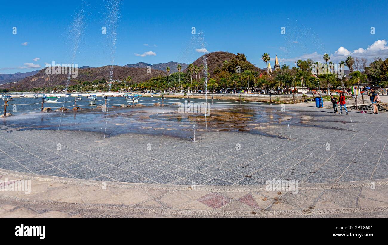 Chapala, Jalisco / Mexico, January 20th, 2020. Fountain spraying the ...