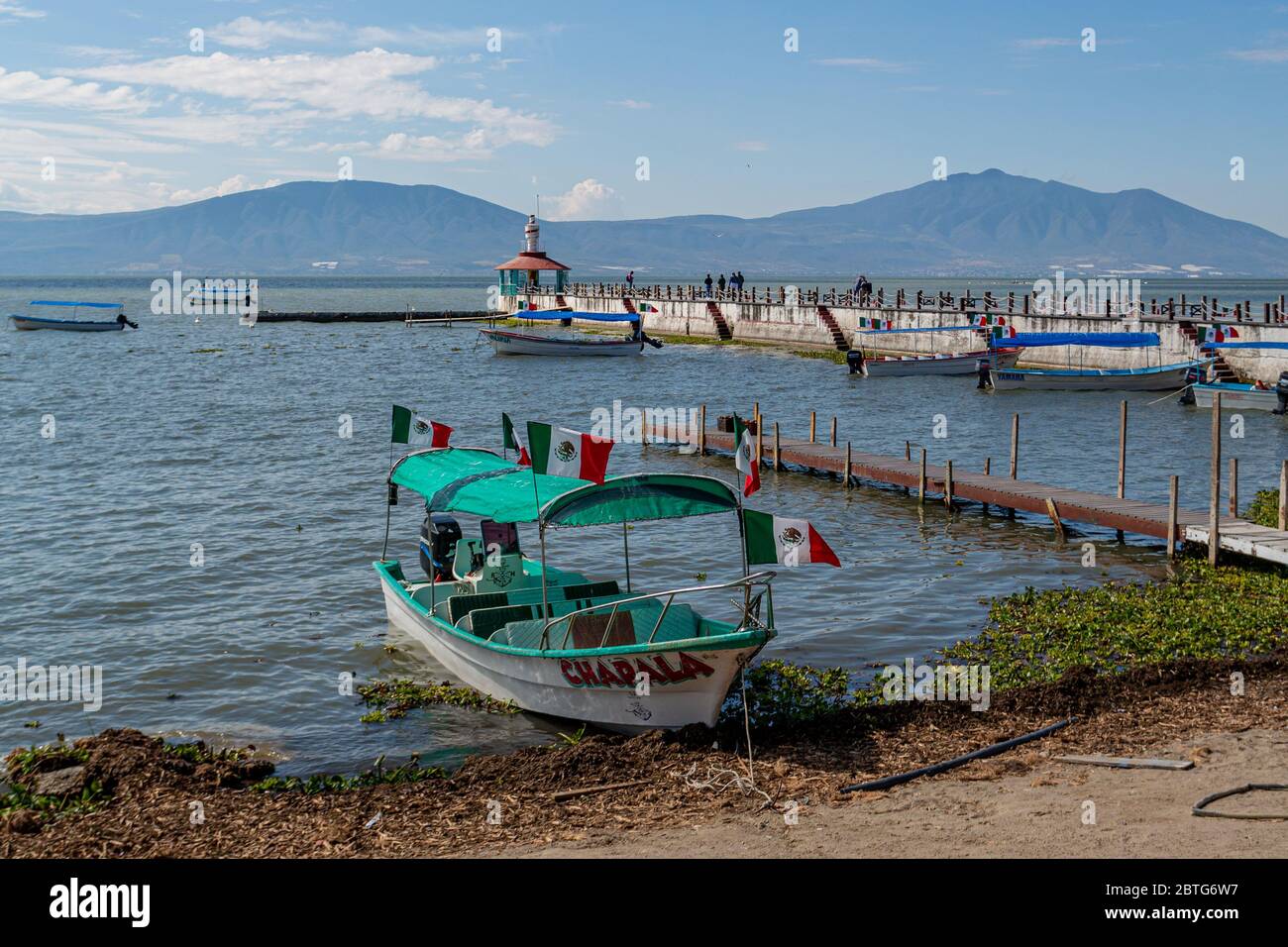 Chapala, Jalisco / Mexico, January 20th, 2020. Boat with Mexican flags ...