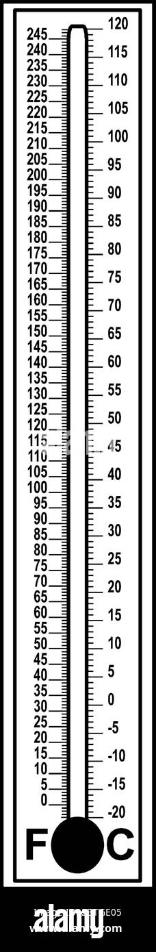 Temperature Scale with dual reading i.e. Fahrenheit and Celsius. Celsius range is -20 to 120 and Fahrenheit range is 0 to 245., vintage line drawing o Stock Vector