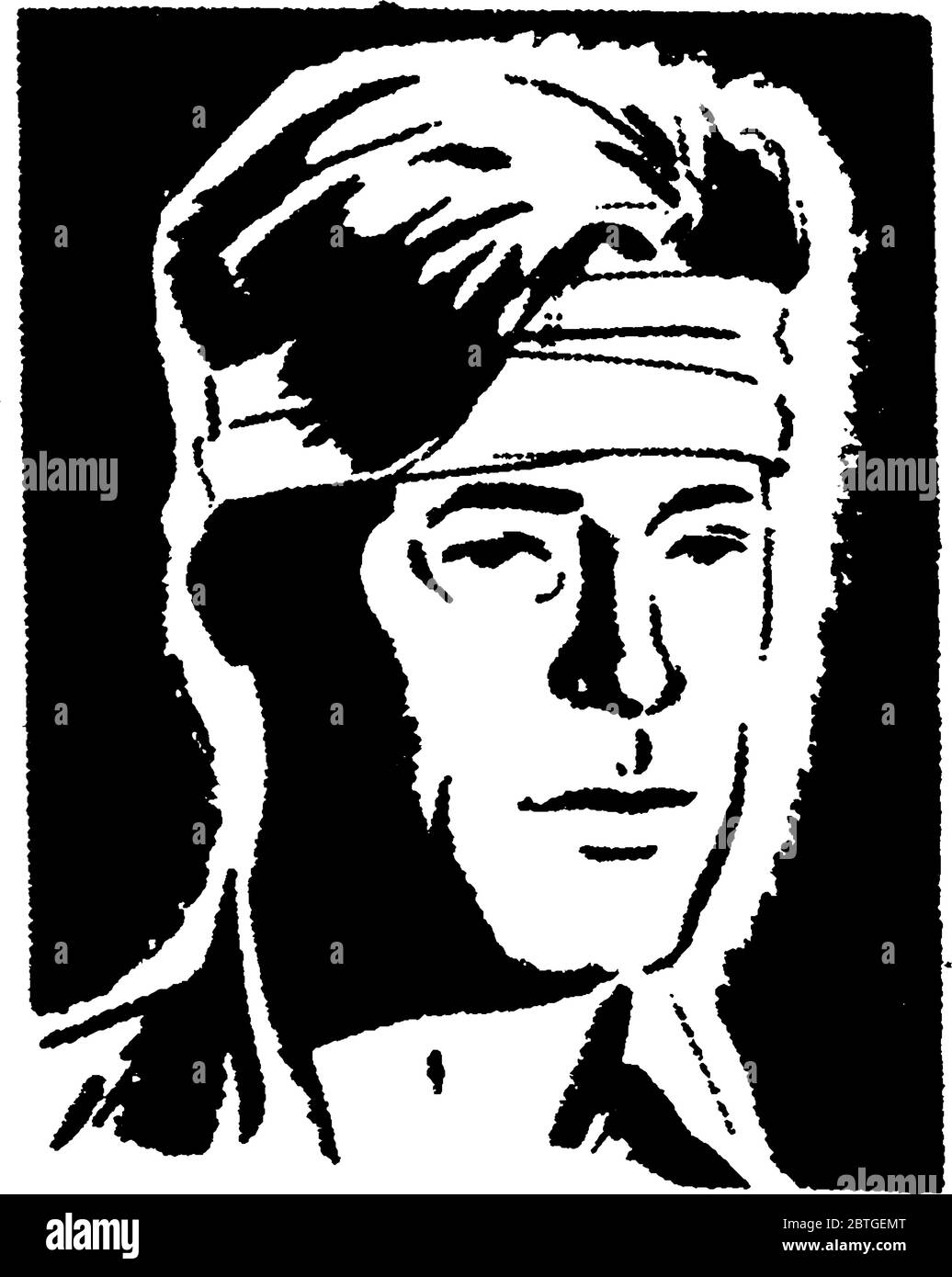 A man having head injury and he cover it with a Bandage, vintage line drawing or engraving