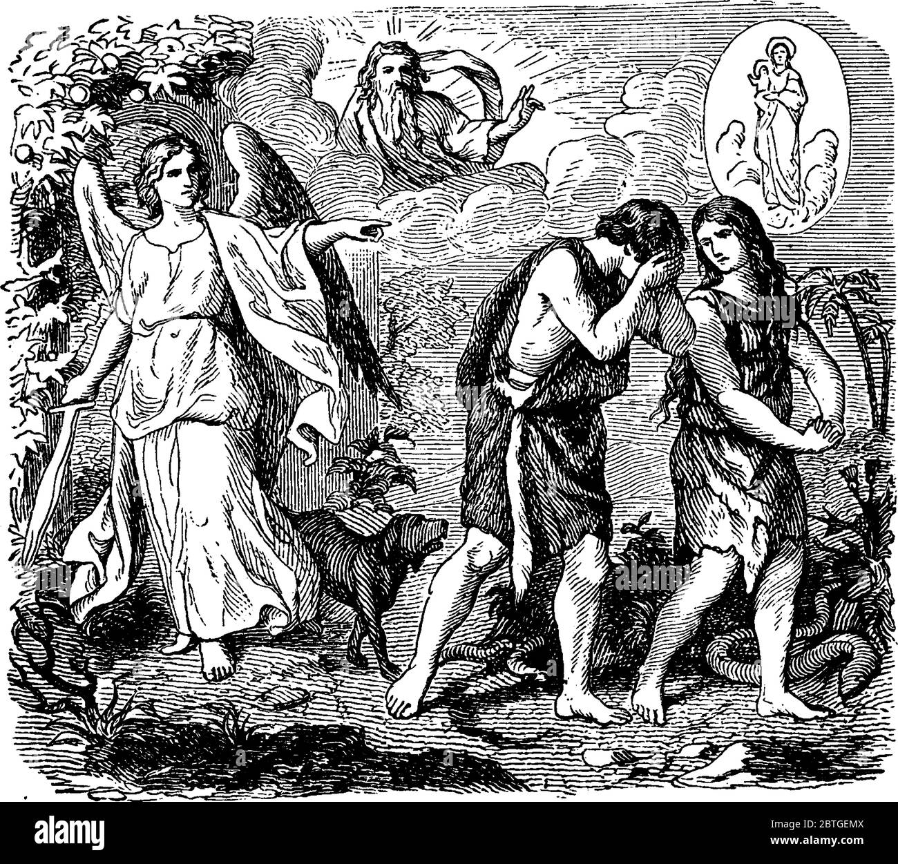 The picture that depicts the expulsion of Adam and his wife Eve, from the Garden of Eden, by Jehovah God, vintage line drawing or engraving illustrati Stock Vector