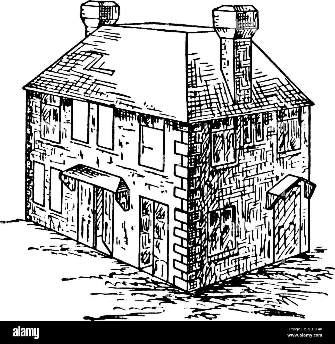 The picture depicts the front of a farmhouse, the main house in which