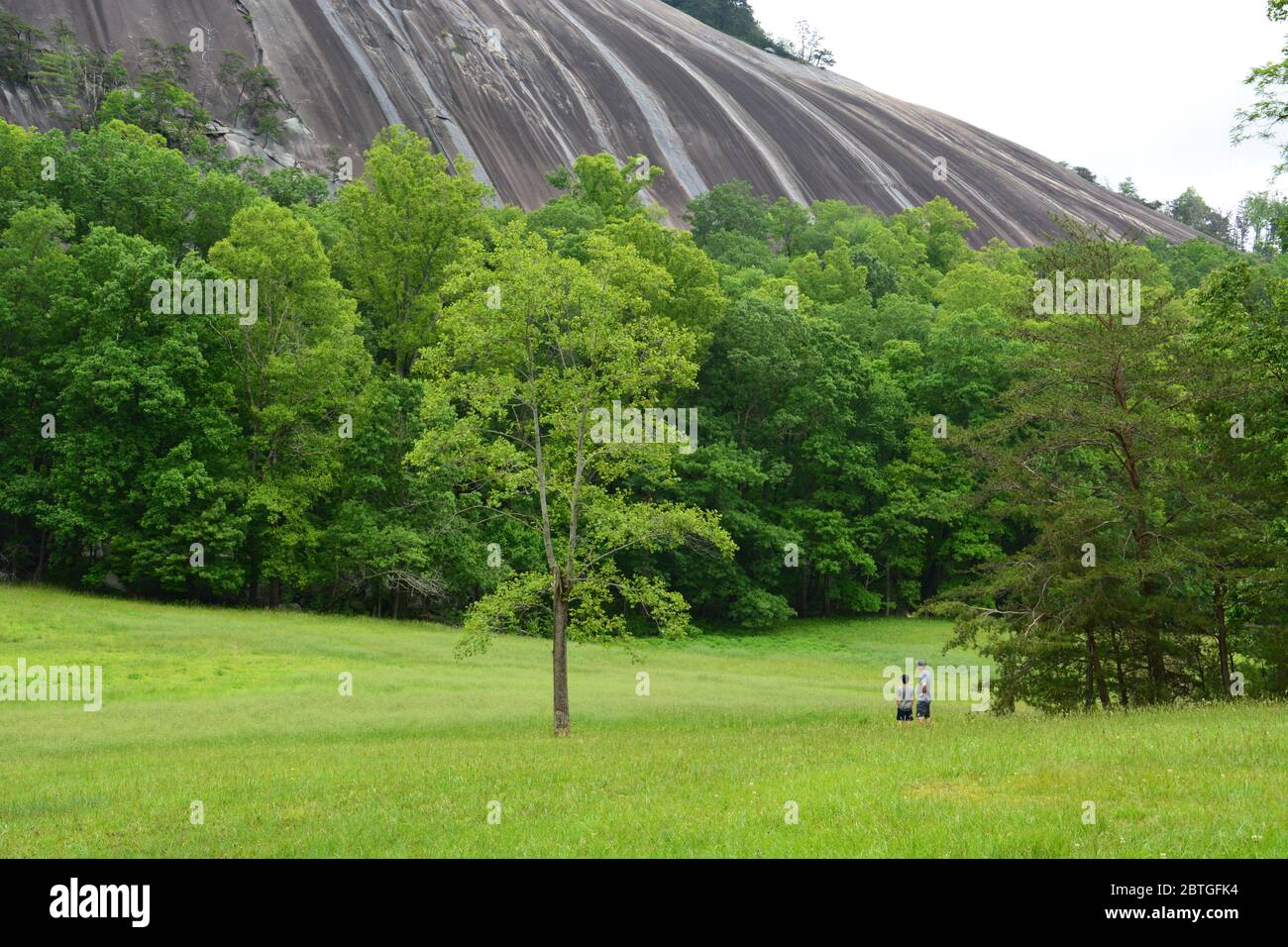 Hikers cross a field below the giant granite dome which is the namesake feature of Stone Mountain State Park in North Carolina. Stock Photo