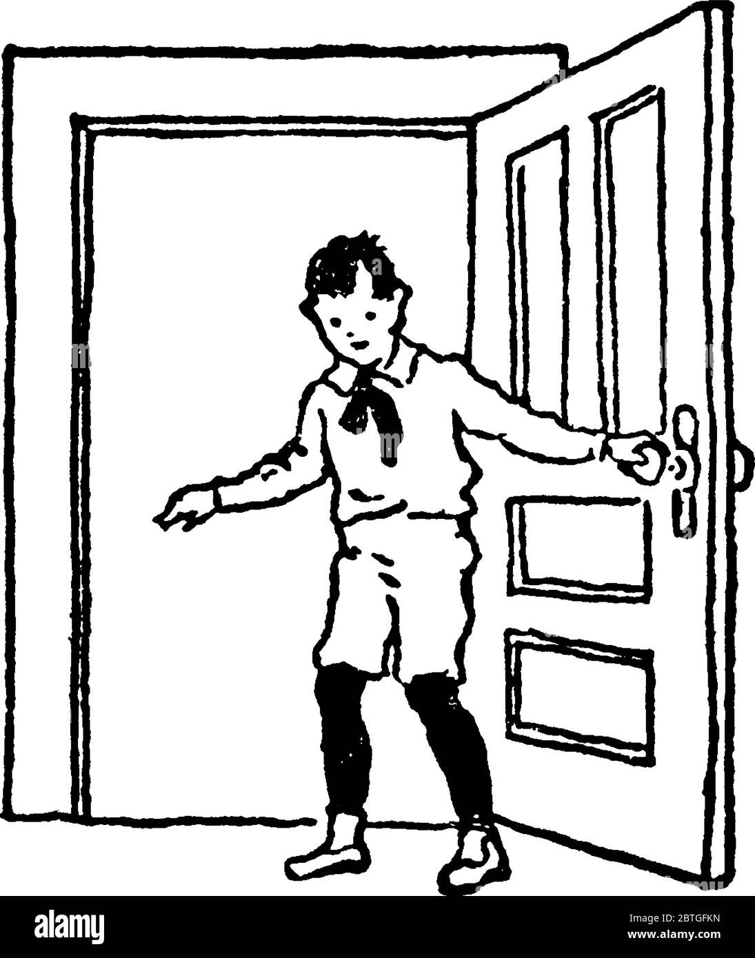 Figure showing a young boy open up a door and entering into the room, vintage line drawing or engraving illustration. Stock Vector