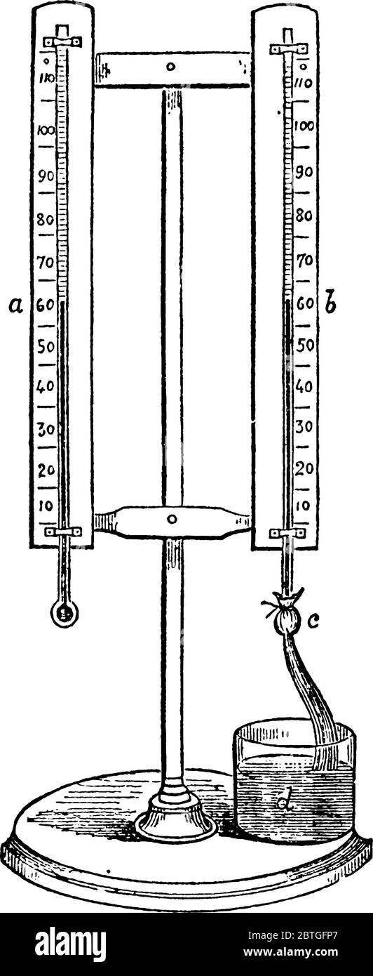 It consists of two thermometers, similar to each other in all aspects, except that one of them has a piece of muslin tied closely over the surface of Stock Vector