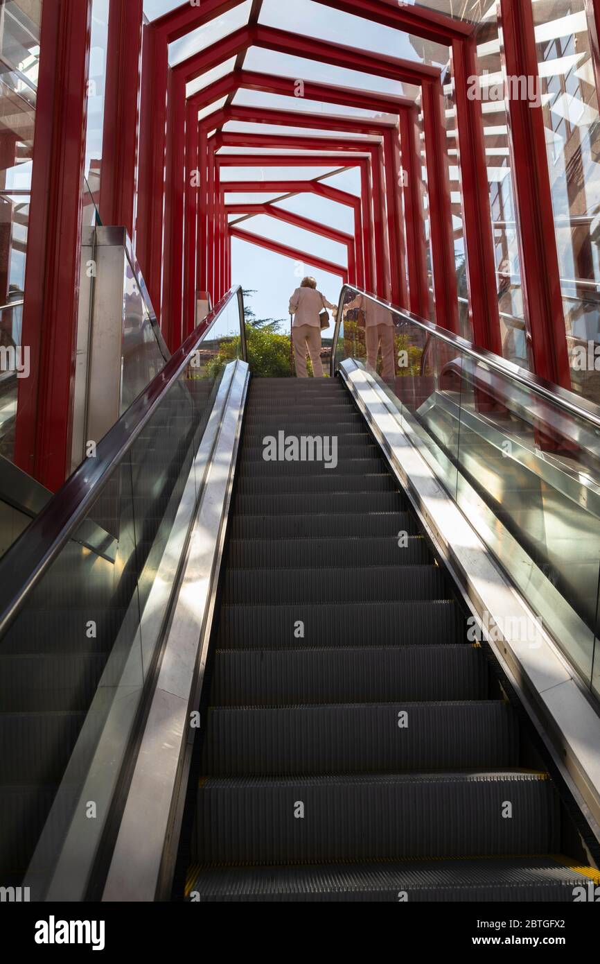 Escalator with red glass tunnel in downtown Vigo, Pontevedra, Galicia, Spain Stock Photo