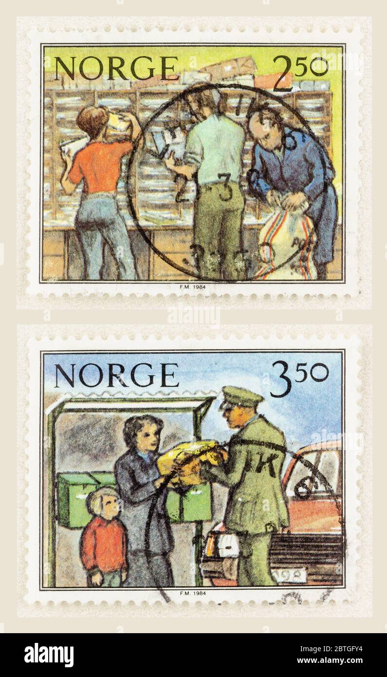 SEATTLE WASHINGTON - May 23, 2020:  Close up of Norwegian stamps from the Working and Postal Life Series. Scott # 834 and 835 Stock Photo