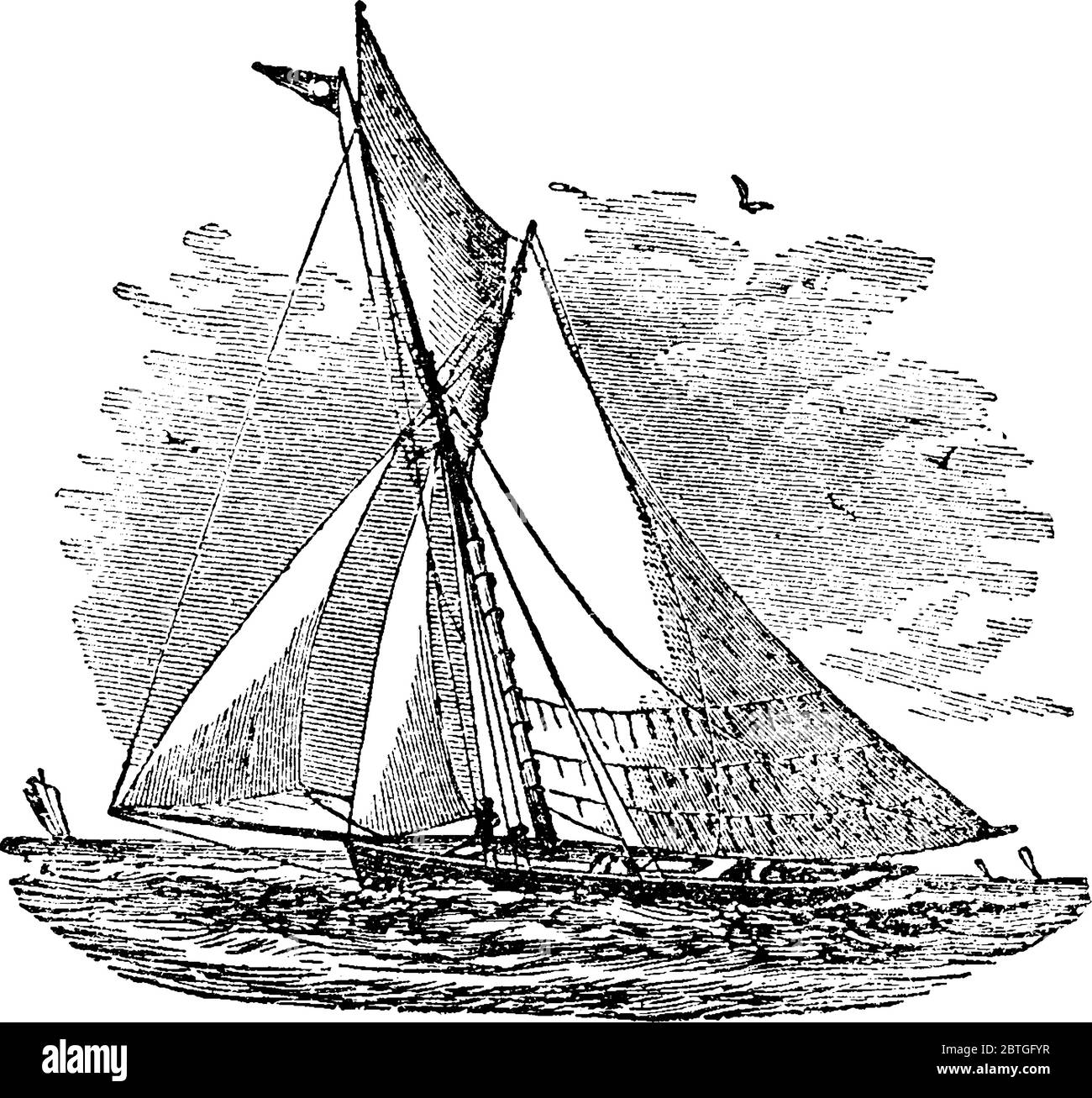 A typical representation of a Cutter, a small single-masted vessel, fore-and-aft rigged, with two or more headsails, a bowsprit, and a mast set furthe Stock Vector