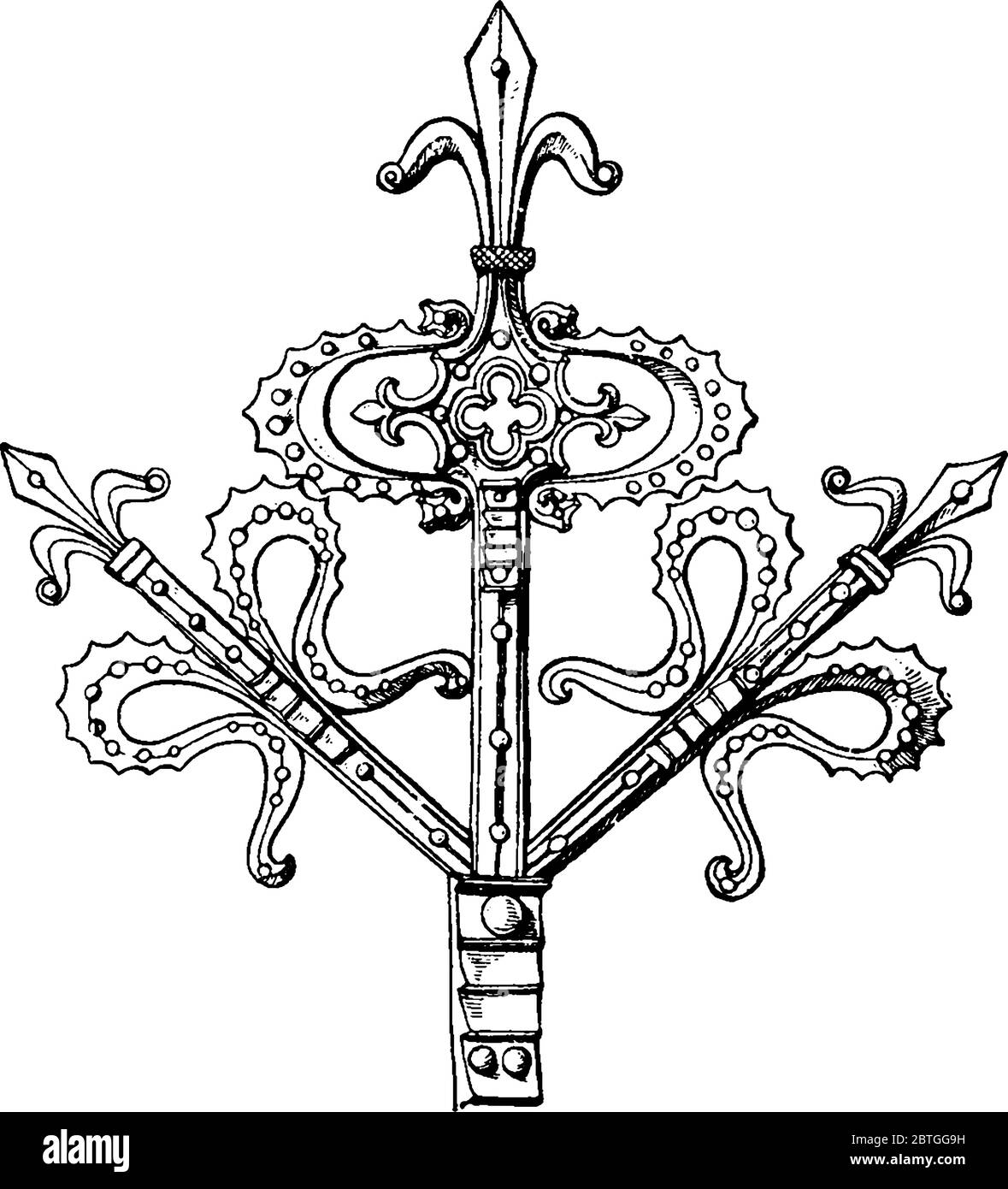 The gothic hinge, found on a church door in Viersen, Germany, is an extended strap hinge that is made of wrought metal-work, vintage line drawing or e Stock Vector