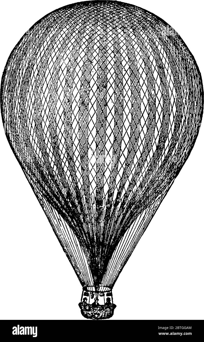 A typical representation of a hot air balloon, lighter-than-air aircraft encased with net, carrying passengers , vintage line drawing or engraving ill Stock Vector
