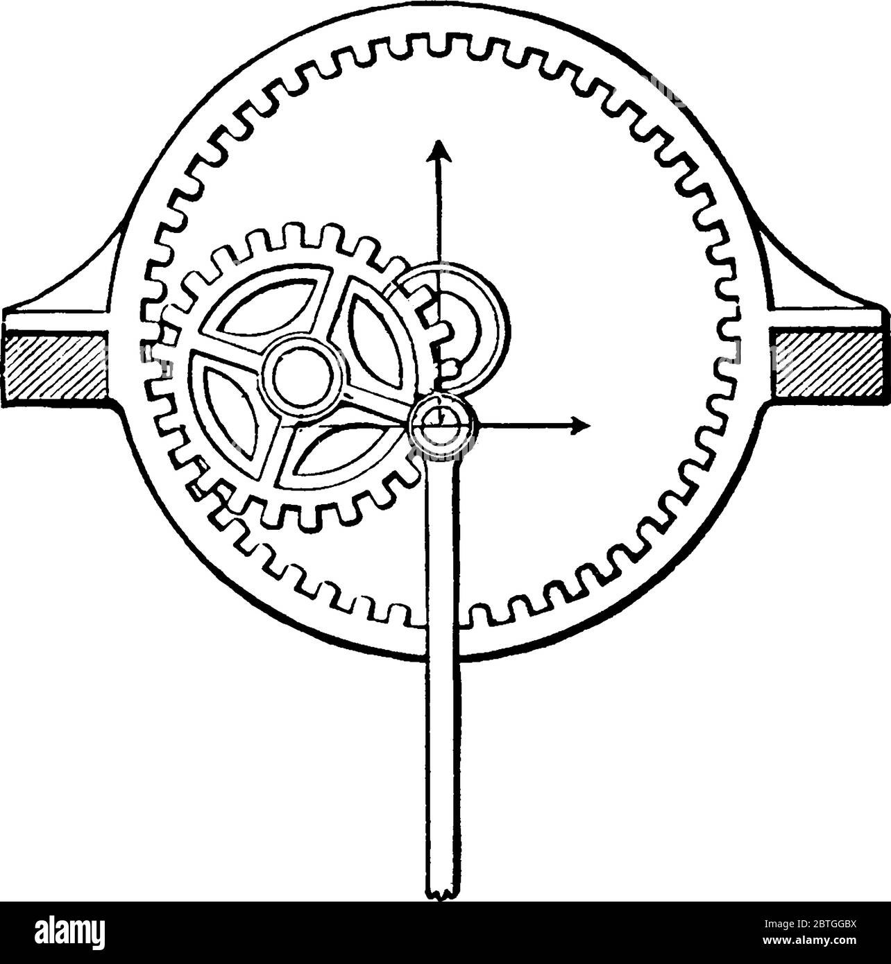 A wheel or ring fixed to a framework, toothed on its inner side, and having in gear with it another toothed wheel, of half the diameter of the first, Stock Vector
