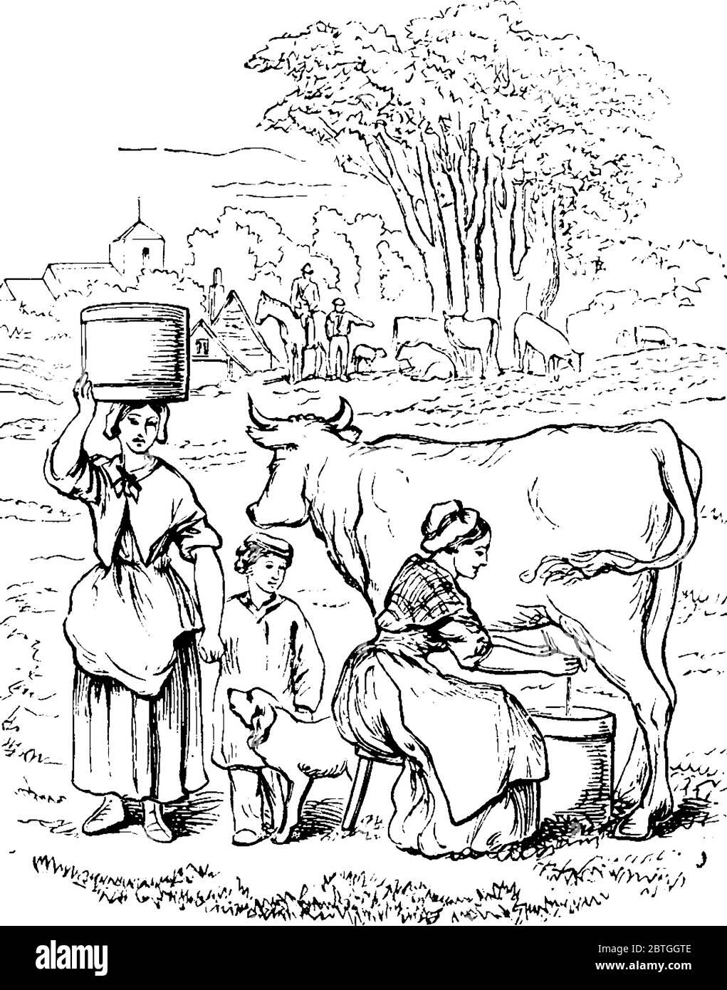 A lady with a container on head, holding the hand of a small boy, and both looking at a woman milking a cow on the farm, vintage line drawing or engra Stock Vector
