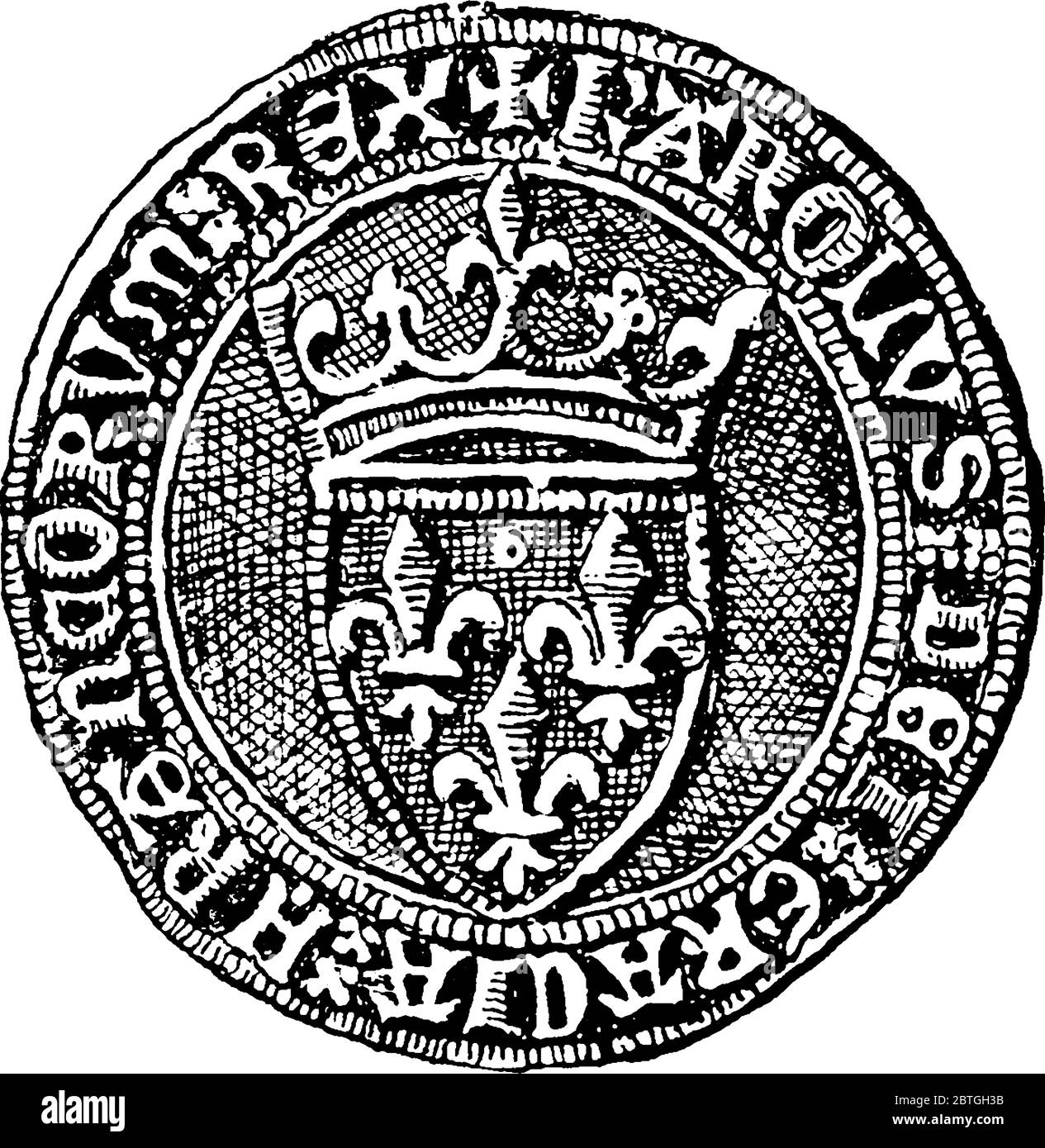 The obverse side of the écu d'or of Charles VI, king of France, vintage line drawing or engraving illustration. Stock Vector
