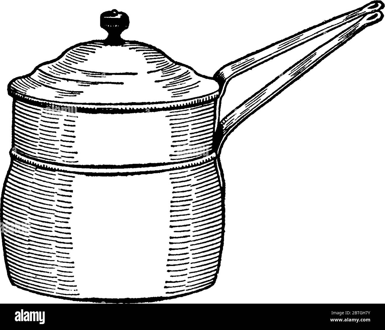 Double boiler is an utensil used for cooking soups etc., vintage line drawing or engraving illustration. Stock Vector