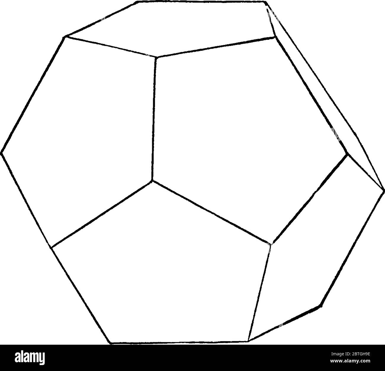 Regular Dodecahedron is a Platonic solid with twelve pentagonal faces., vintage line drawing or engraving illustration. Stock Vector