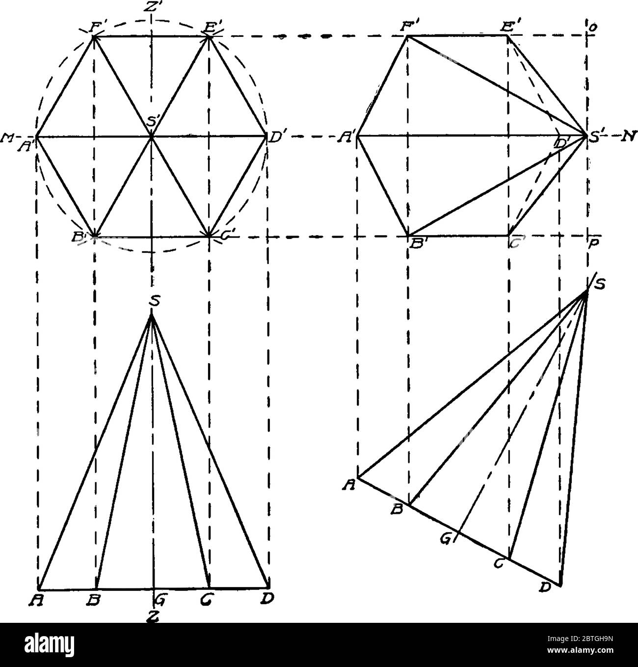Construction of a regular hexagonal pyramid, vintage line drawing or engraving illustration. Stock Vector