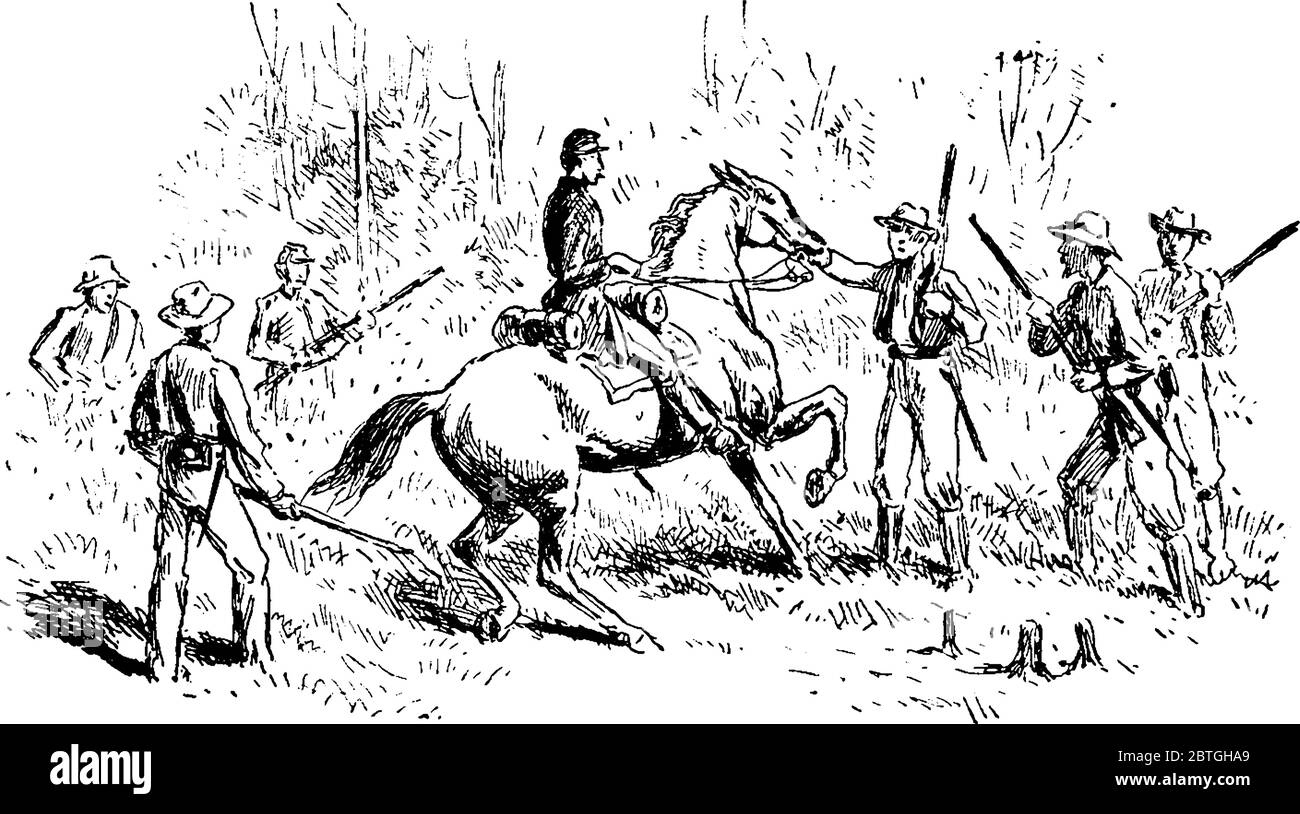 The picture depicts a Civil War soldier being taken prisoner, vintage line drawing or engraving illustration Stock Vector