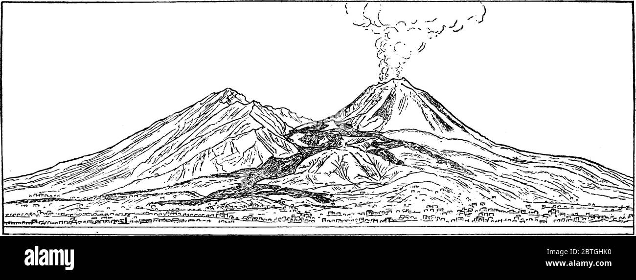 Vesuvius as seen from Naples with the lava streams of 1872 in dark, vintage line drawing or engraving illustration. Stock Vector