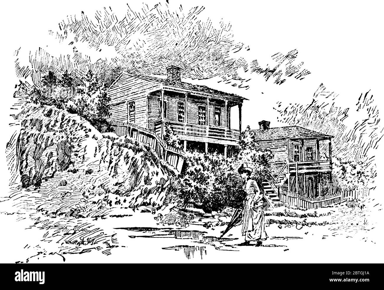 Pemberton's Headquarters, a two-story brick house that served as the headquarters for Confederate General John C. Pemberton, vintage line drawing or e Stock Vector
