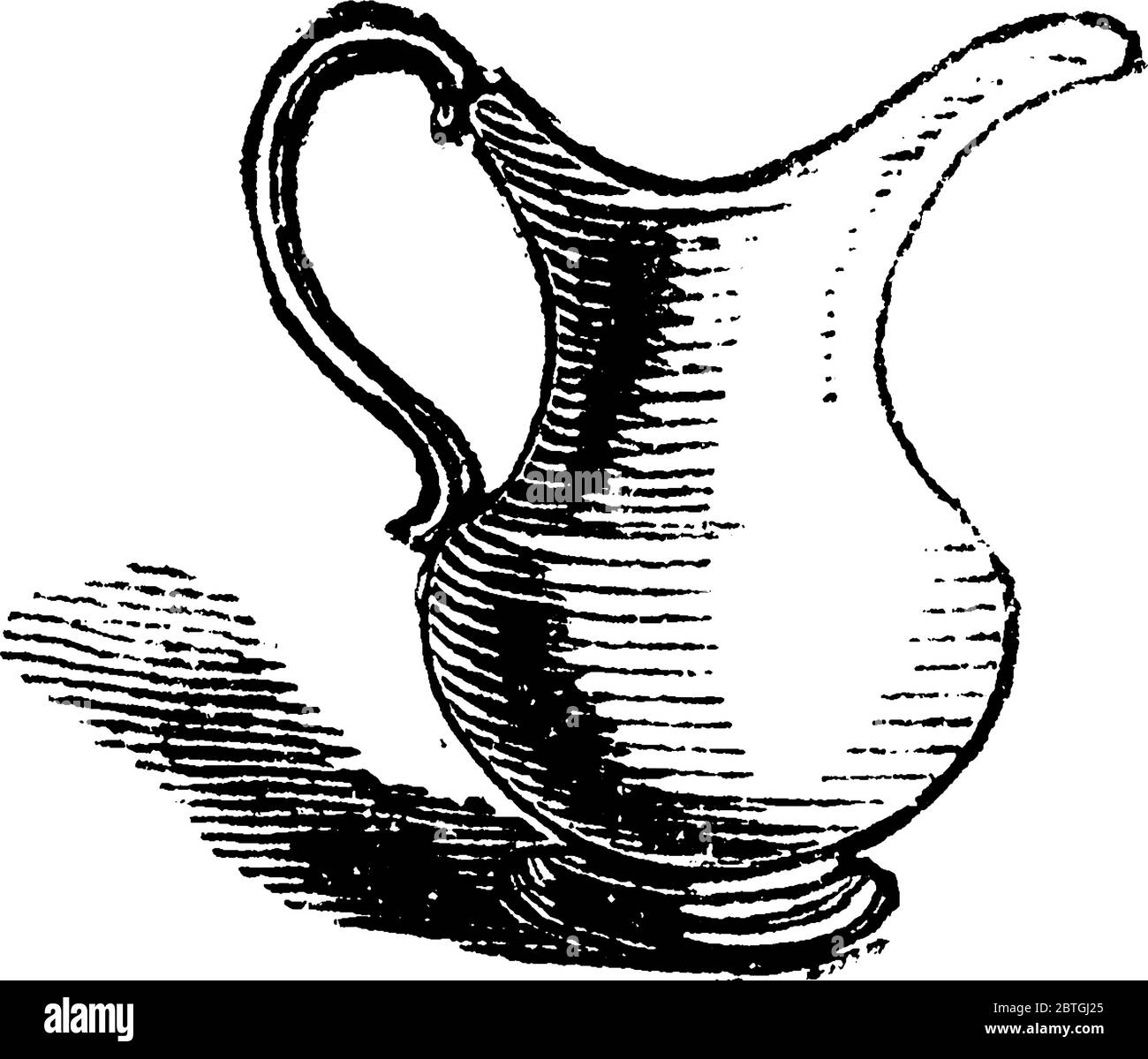 Pitcher is a container with handle and spout, used for storing and pouring liquid., vintage line drawing or engraving illustration. Stock Vector