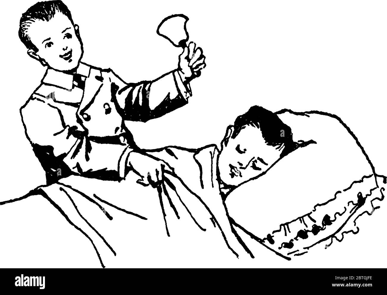 A naughty young boy trying to disturb another boy with bell while he is sleeping, vintage line drawing or engraving illustration. Stock Vector