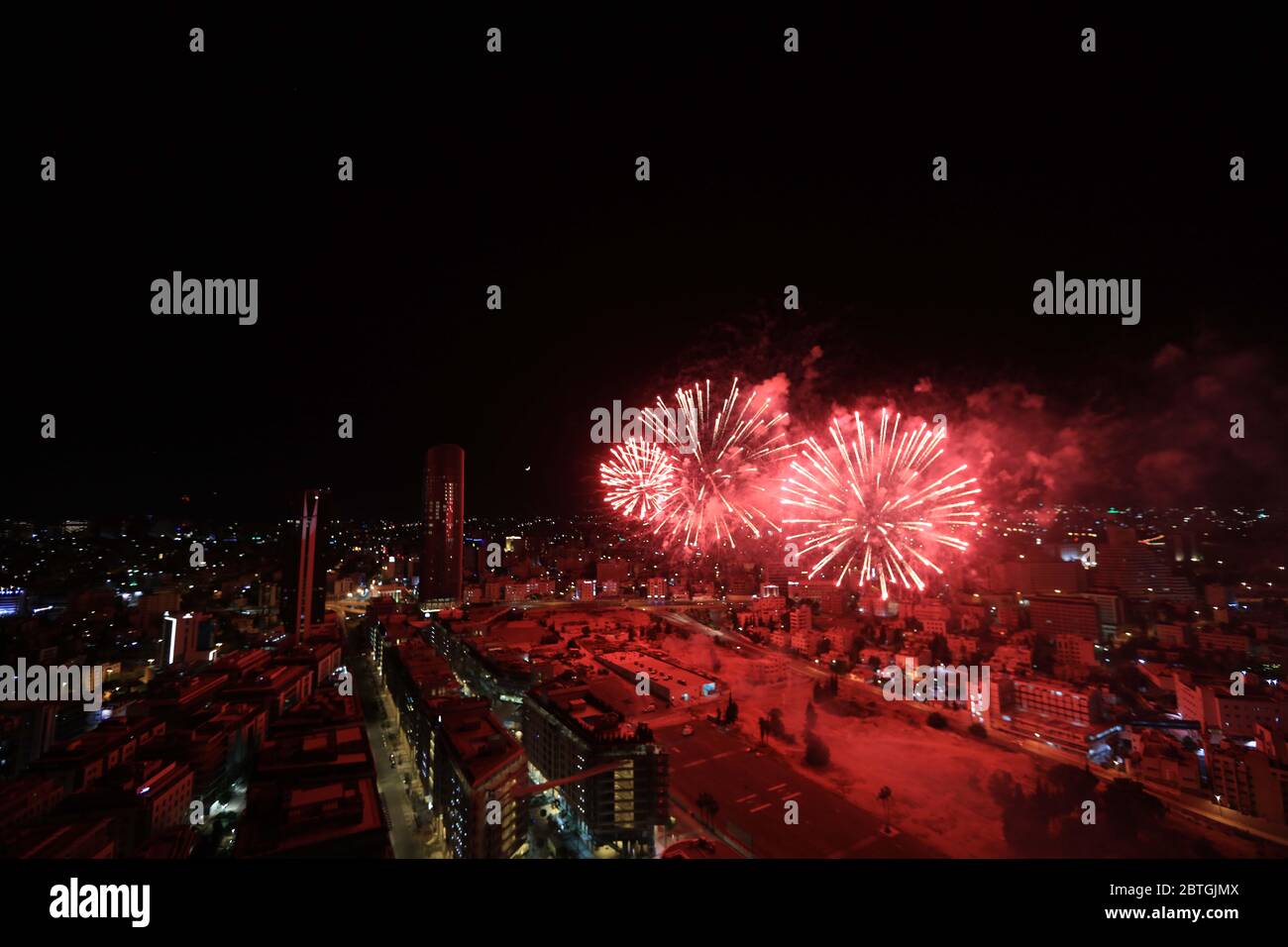 Amman, Jordan. 25th May, 2020. Fireworks are seen during a celebration of Jordan's Independence