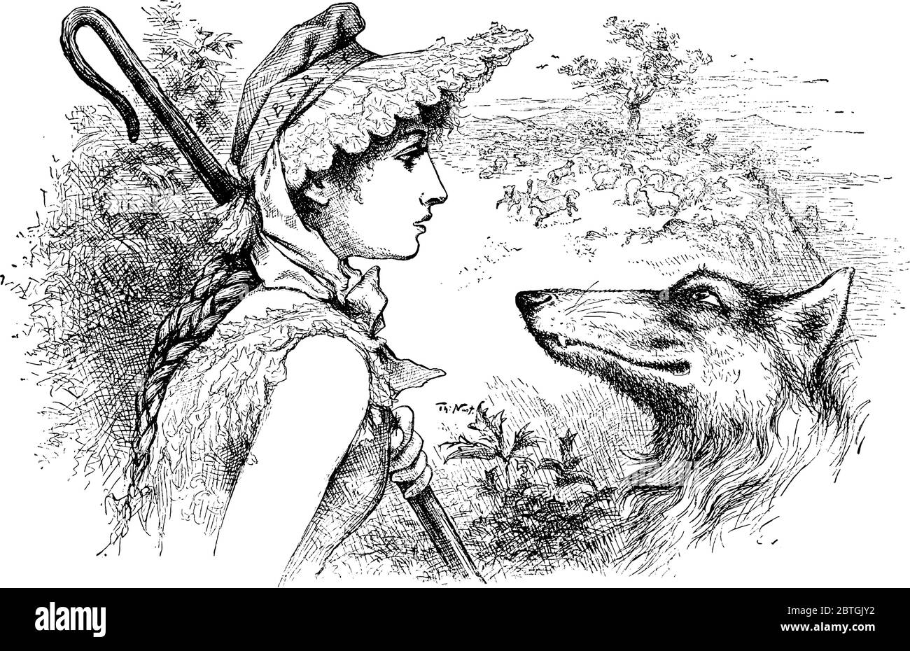 Caricature of Girl wearing Shepherd costume and wolf, wolf represent Democratic party During the 1884 Presidential Election, vintage line drawing or e Stock Vector