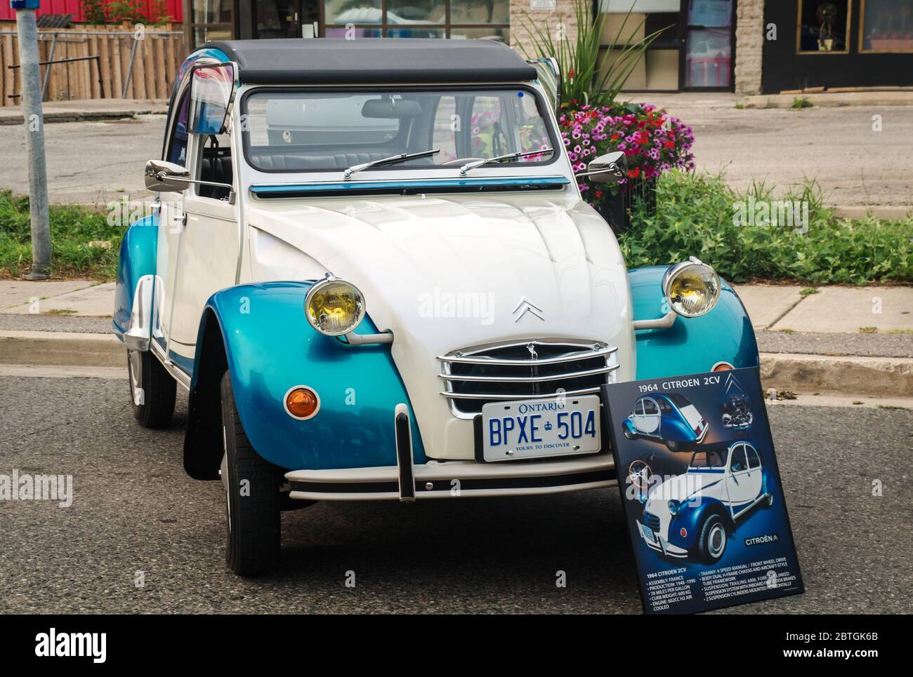 TORONTO, CANADA - 08 18 2018: 1964 Citroen 2CV oldtimer car made by French automobile manufacturer Citroen on display at the open air auto show Wheels Stock Photo