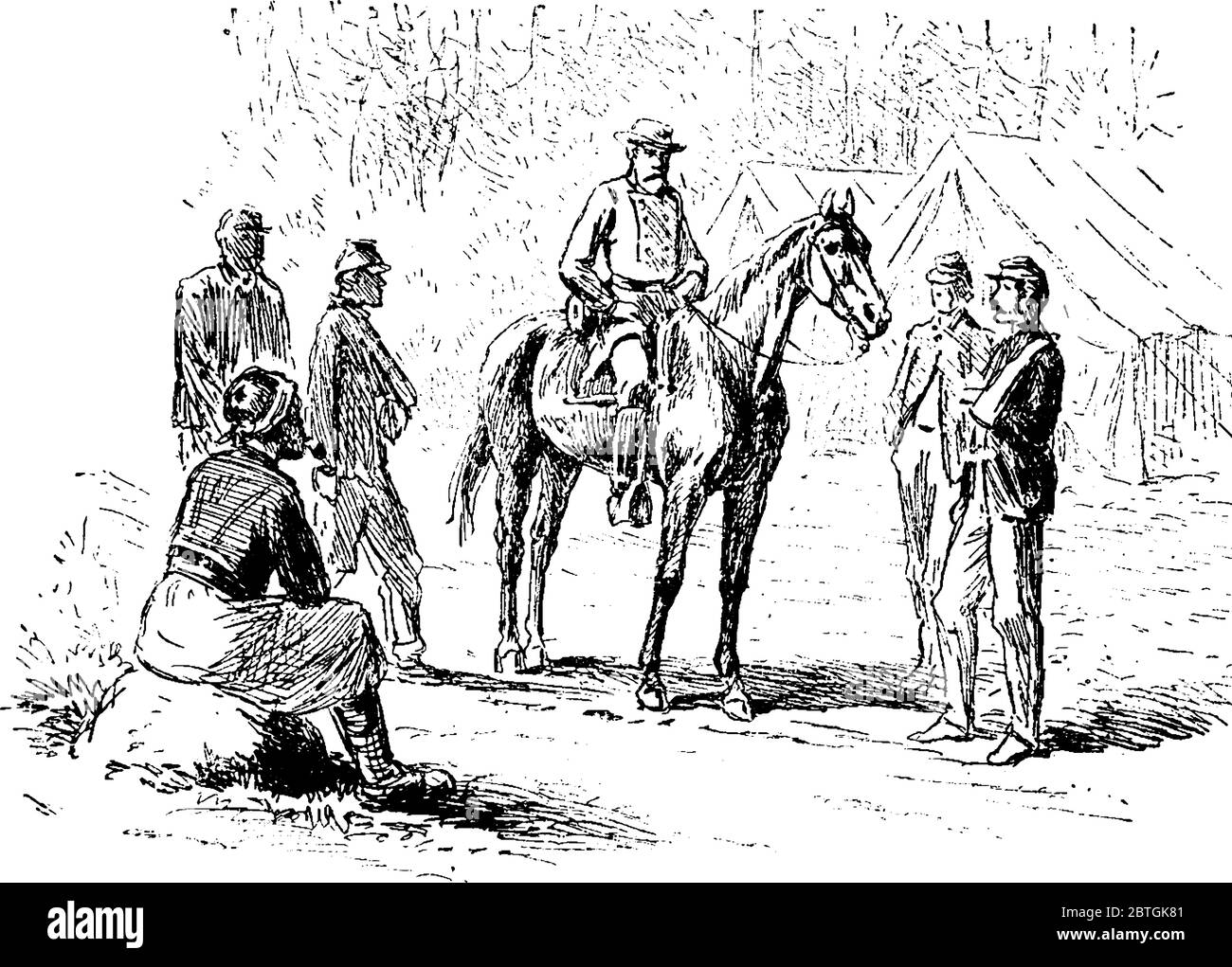 The picture depicts confederate general Robert E. Lee on a horse and talking with a prisoner, vintage line drawing or engraving illustration Stock Vector