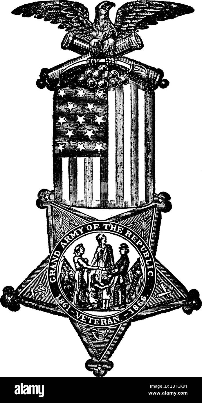 The obverse side of the badge of G.A.R, a patriotic organization in the United States composed of the National veterans of the Civil War. It was organ Stock Vector
