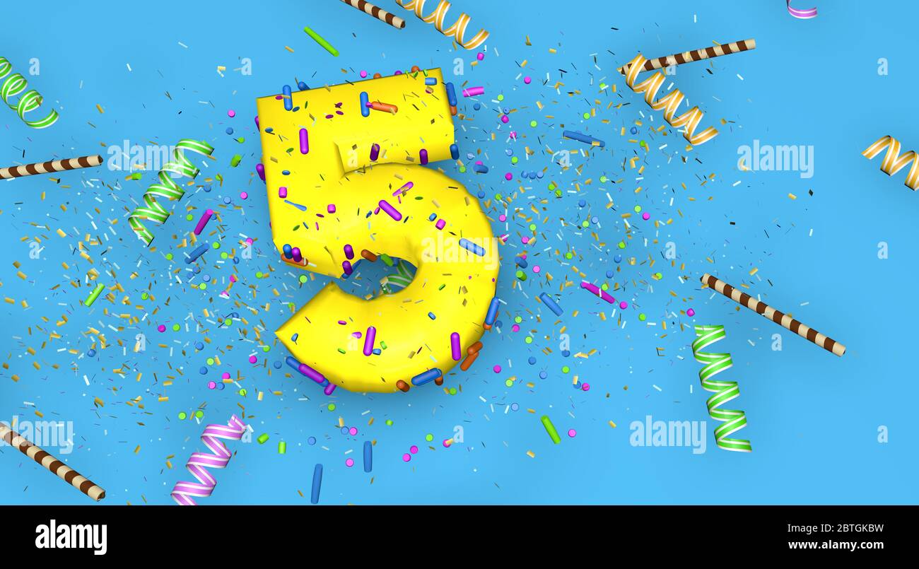 Number 5 for birthday, anniversary or promotion, in thick yellow letters on a blue background decorated with candies, streamers, chocolate straws and Stock Photo