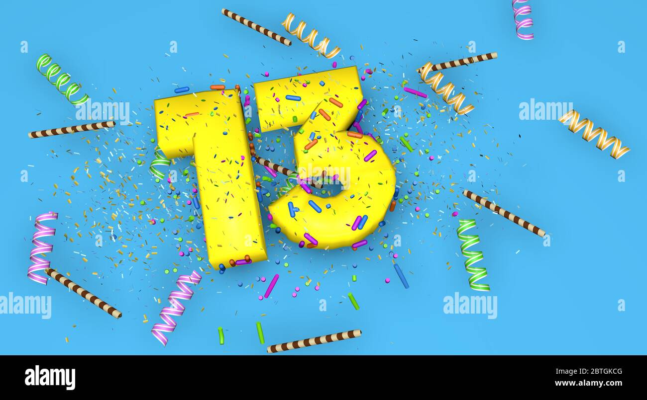 Number 13 for birthday, anniversary or promotion, in thick yellow letters on a blue background decorated with candies, streamers, chocolate straws and Stock Photo